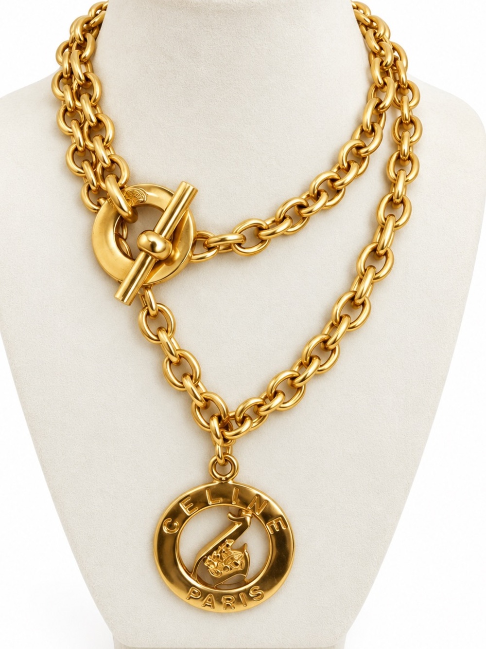 CELINE Paris Gold-Tone Toggle Chain Medallion Necklace / Vintage